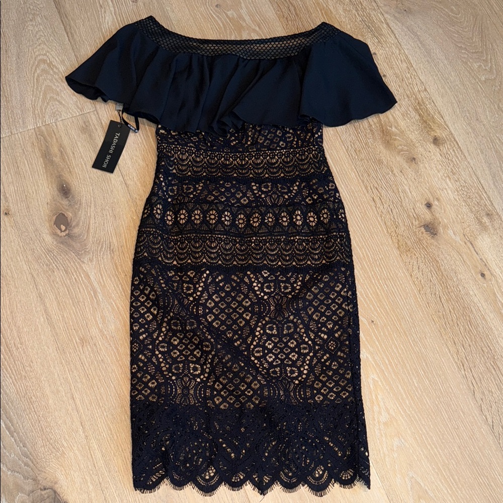 Tadashi Shoji Alexia Black Lace Off-Shoulder Midi Dress